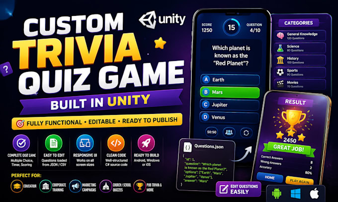 develop a custom trivia quiz game in unity