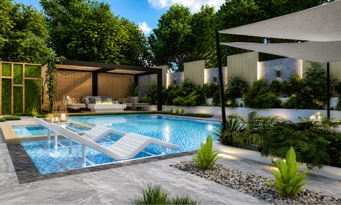 landscape design, garden, backyard, patio pergola and pool with 3d visualization