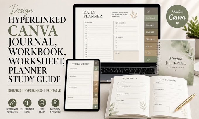 design hyperlinked canva journal, workbook, worksheet, planner study guide