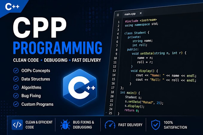write debug, fix cpp programming tasks, projects and oop code