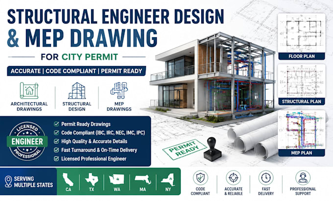 do structural engineer design and mep drawing for city permit in usa