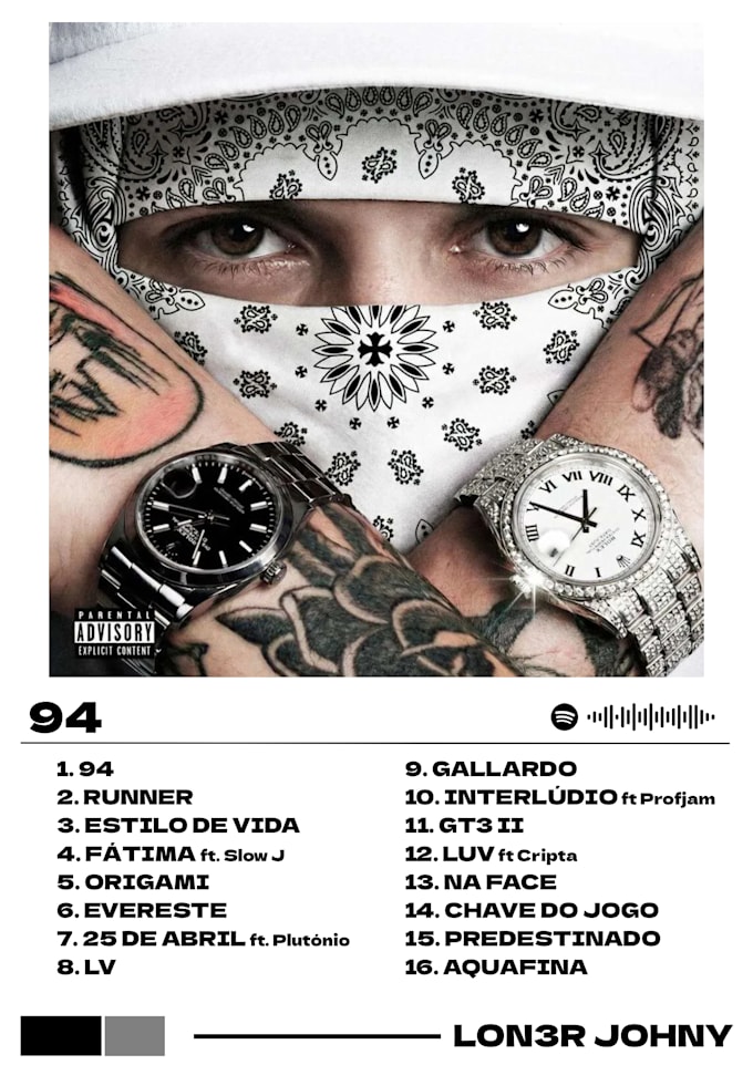 create a modern spotify album cover and tracklist poster