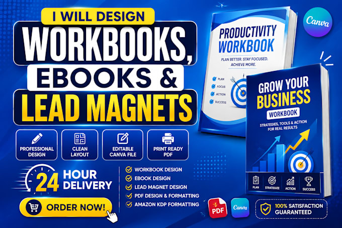 do workbook design, ebook design, lead magnet, PDF design and canva template