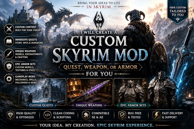 create a custom skyrim mod, quest, weapon, or armor mod for you