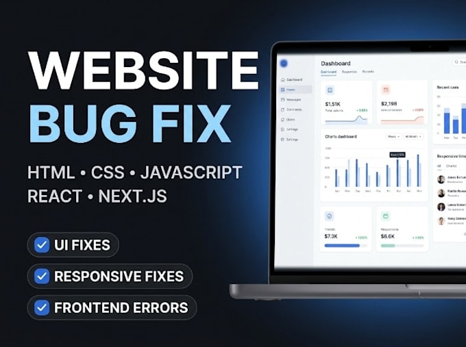 fix HTML CSS javascript react and nextjs website bugs