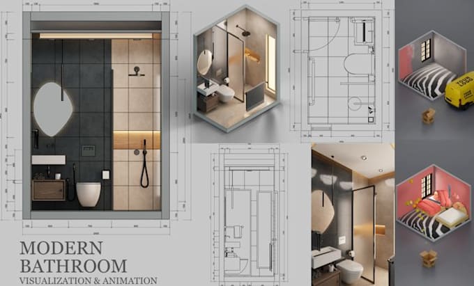 create a professional 3d isometric room render with technical views,