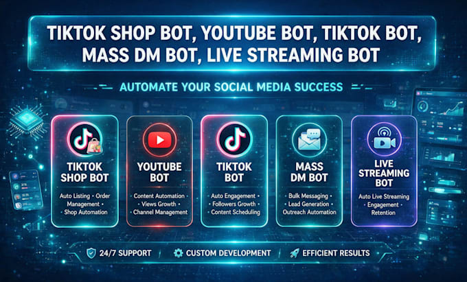 build tiktok shop bot, youtube bot, tiktok bot, mass dm bot, live streaming bot