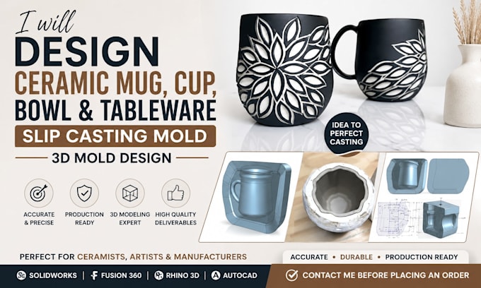 design ceramic mug, cup, bowl and tableware slip casting mold, 3d mold design