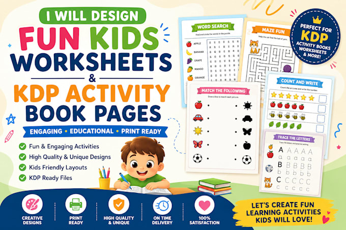 design kids worksheet and coloring activity book pages for KDP interior