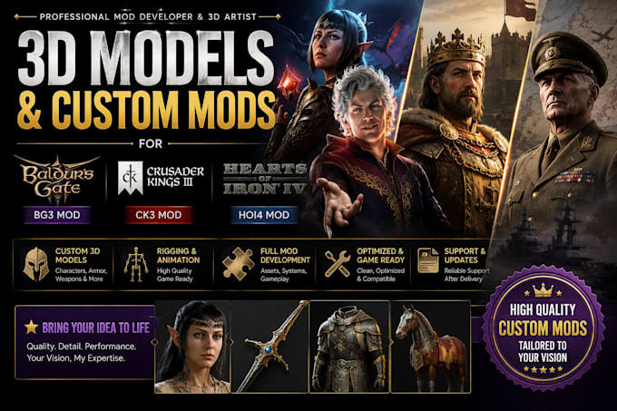 develop 3d model and custom mods for baldurs gate iii mod bg3 and ck3 mod