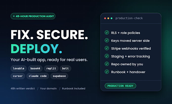 fix secure deploy lovable ai base44 replit bolt supabase rls stripe vibe coding