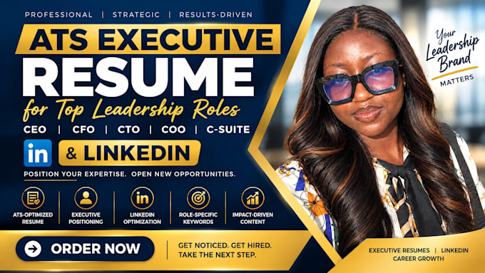 write an ats executive resume, for ceo, cfo, cto, coo, c suite, and linkedin