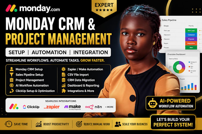 setup monday crm workspace ai workflow automation clickup data migration zapier