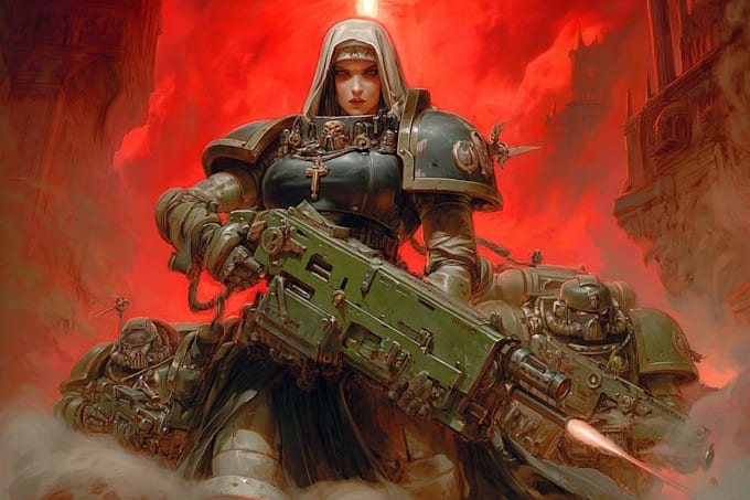 draw epic grimdark sci fi warrior character art inspired by warhammer 40k