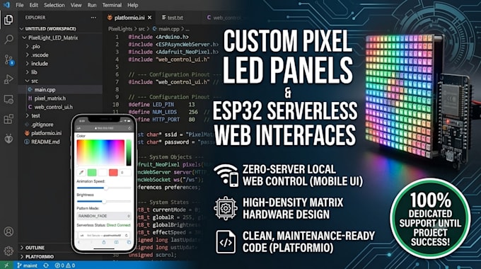 create custom pixel led panels with embedded esp32 web control firmware