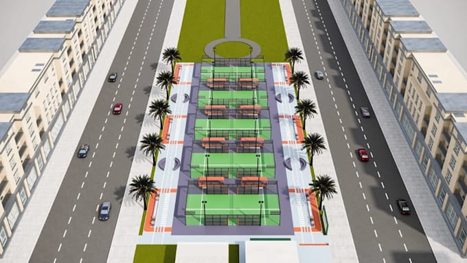 urban sports development, community recreation center,multiple padel courts, cgi