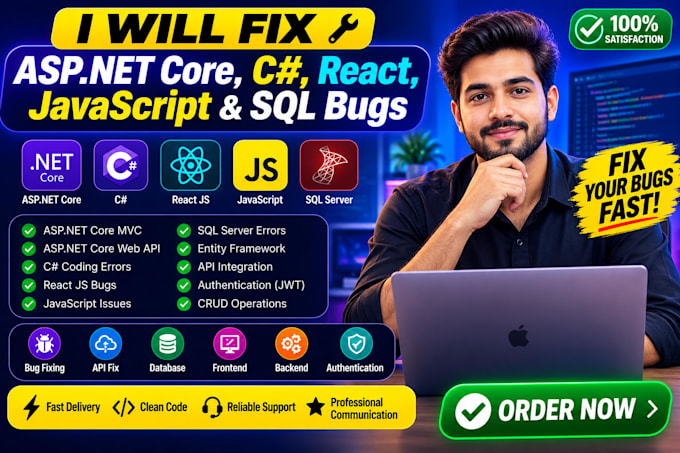 fix asp dot net core csharp react javascript and sql bugs