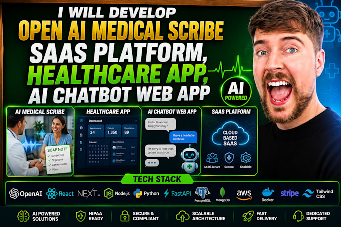 develop open ai medical scribe saas platform, healthcare app, ai chatbot web app