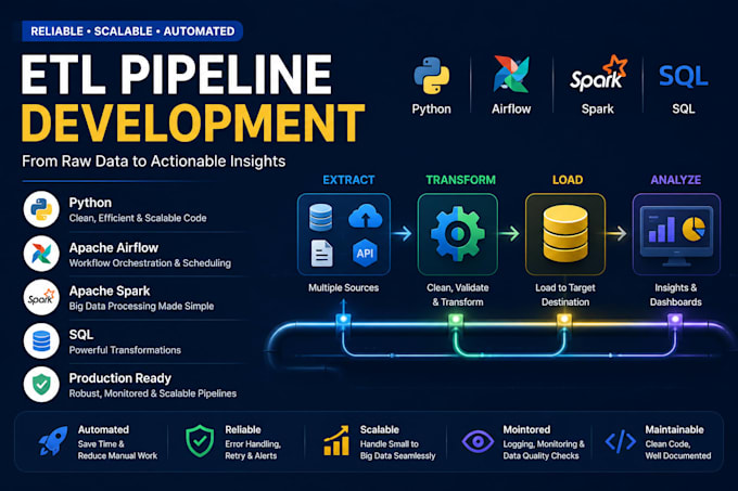 build etl pipelines using python, airflow, spark and sql