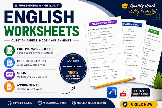 create custom english worksheets, mcqs and school question papers