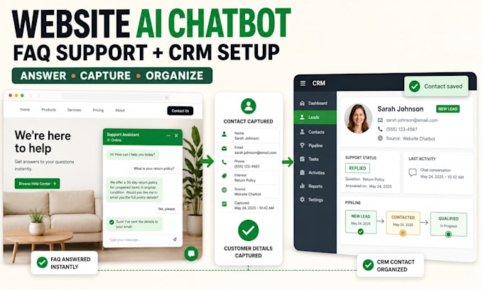 create a custom ai chatbot for website faqs customer support and CRM setup