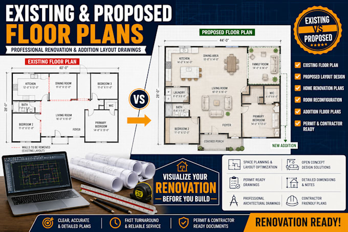 existing and proposed floor plans for renovation, remodel, addition