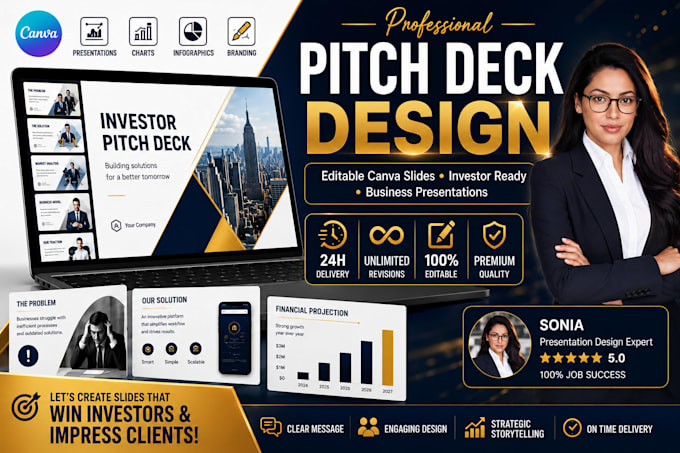 design pitch deck template, presentation slides canva editable for business