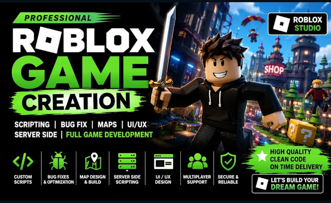 do full roblox game creation, fix bug, roblox scripting, map and server scripts