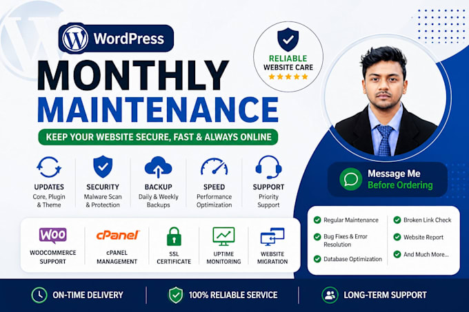 provide monthly wordpress maintenance, updates, backup, and security