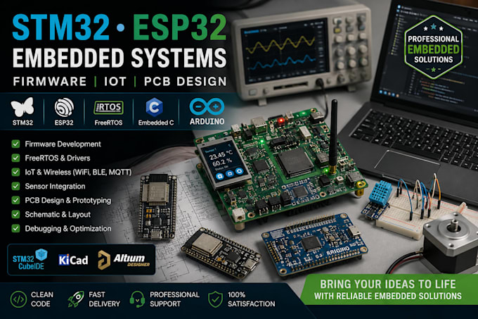 develop stm32 esp32 embedded firmware freertos iot arduino custom pcb solutions