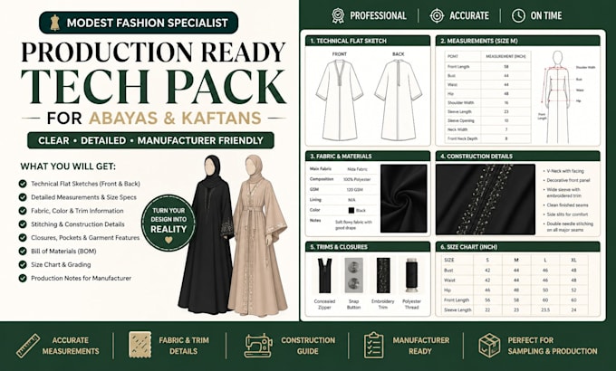 create a production ready tech pack for modest fashion abayas and kaftans