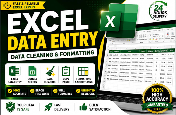 do excel data entry, cleaning, formatting, and google sheets