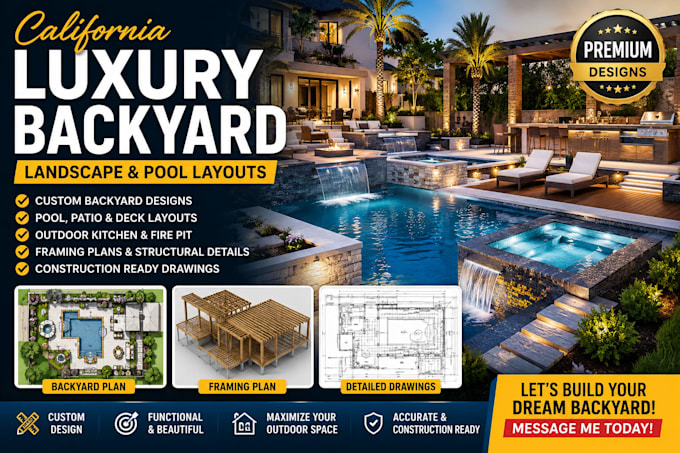 design california luxury backyard landscape, pool layouts framing plan