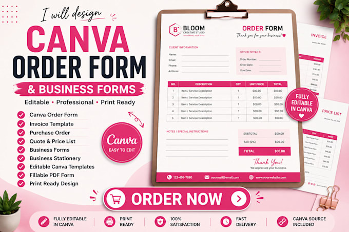 design editable canva order form, fillable PDF and invoice