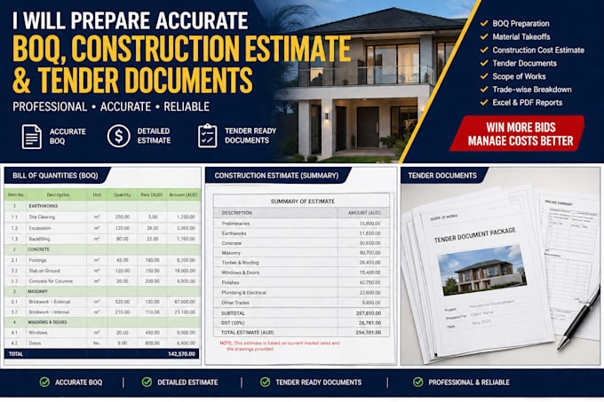 prepare accurate boq, construction estimate and tender documents
