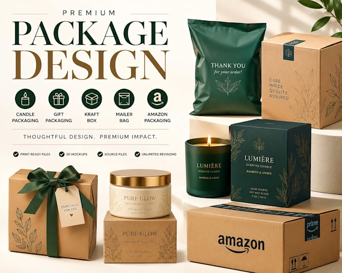 design candle packaging, gift packaging, kraft box, mailer bag, amazon packaging