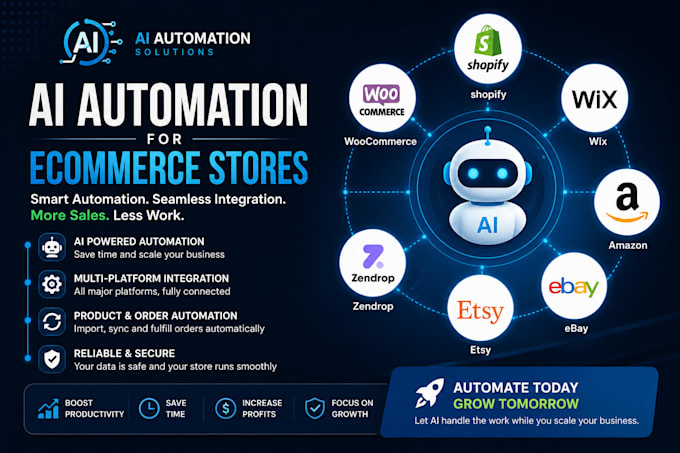 do automate your shopify, woo commerce, wix, zendrop, ebay, amazon esty using ai