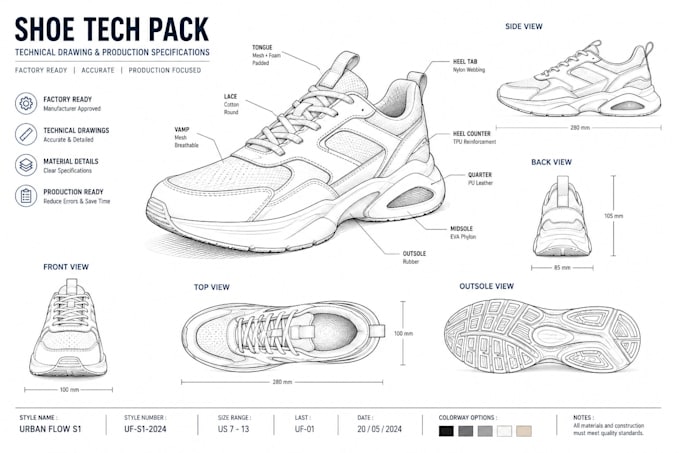 make shoe tech pack, sneaker design ad footwear for manufacturing