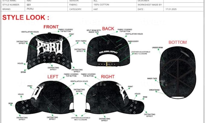 create factory ready cap tech packs for snapback, trucker and bucket hats