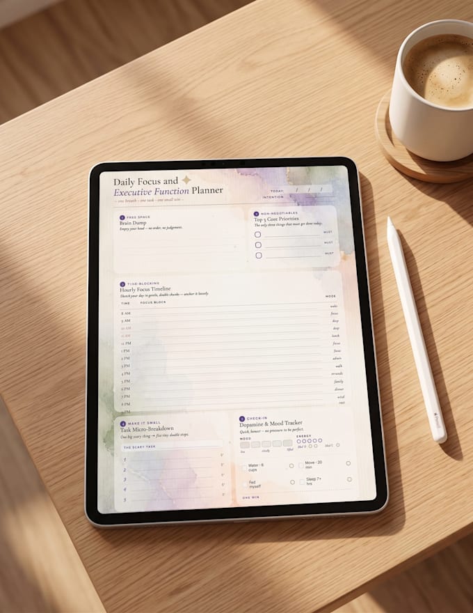 design a custom printable adhd executive function planner and focus tracker