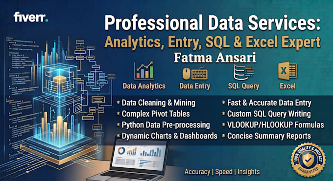data entry, data analytics, excel with ai, and sql query projects
