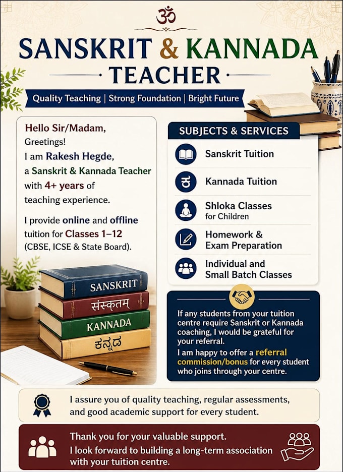 teach sanskrit and kannada from beginner to advanced level