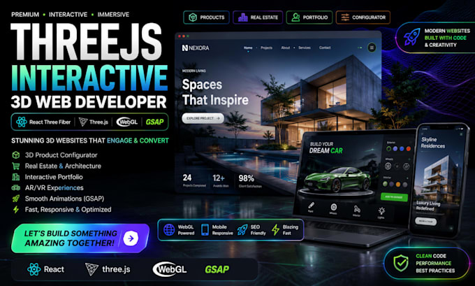 threejs interactive 3d web developer react three fiber webgl configurator gsap
