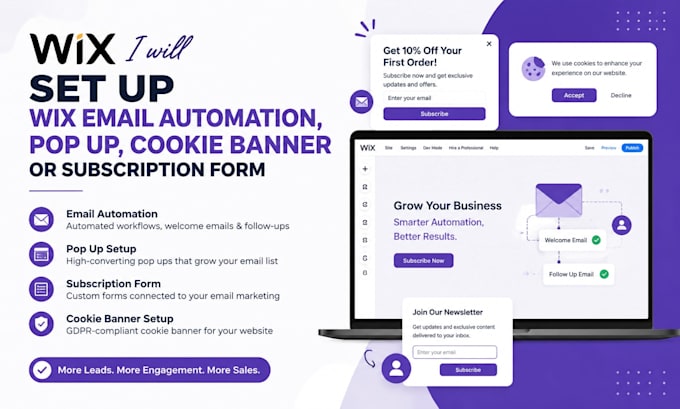 set up wix email automation, pop up, cookie banner or subscription form