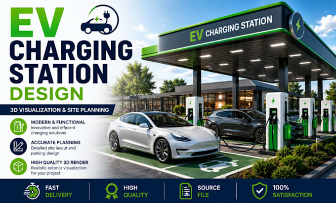design a modern ev charging station with 3d rendering and site layout