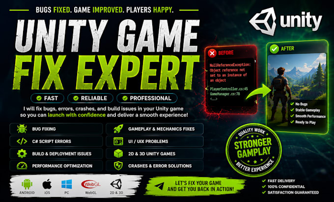 fix unity game bugs errors crashes unity codebase  errors full 3d game testing