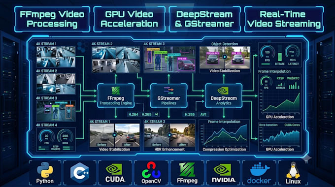 develop ffmpeg video processing, GPU streaming and deepstream solutions