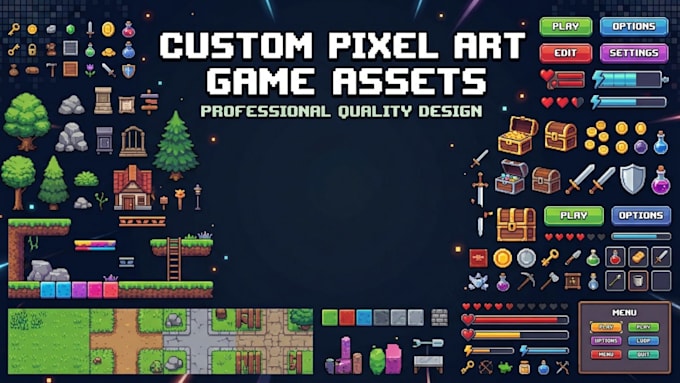 do pixel art tilesets, game UI, icons and environment assets
