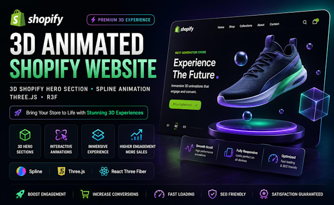 3d animated shopify website 3d shopify hero section spline animation threejs r3f