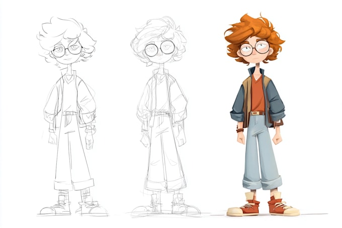 sketch, outline and color cartoon illustrations